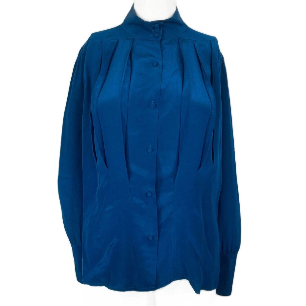 VTG Condor Shirt Womens Sz 9 10  Blue Silk Pleated Button Long Sleeve Blouse‎